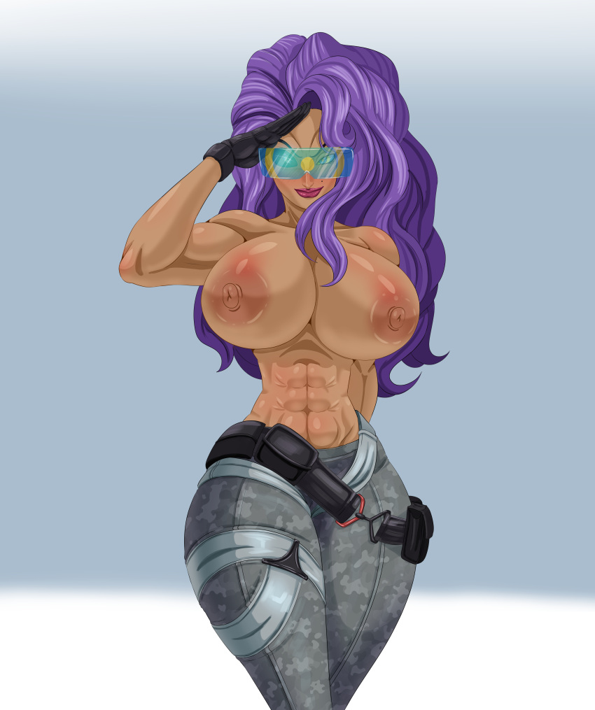 abs absurd_res bare_shoulders belt blue-tinted_eyewear cleavage collarbone erect_nipples female female_focus femsub glasses gloves huge_breasts hypnosis karuro-kun league_of_legends long_hair mind_control mole pink_lips psyops_samira psyops_series purple_hair riot_games salute samira_(league_of_legends) solo spiral_eyes tech_control thick_thighs tinted_eyewear visor