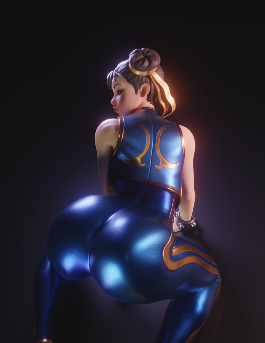 1girls 3d 3d_(artwork) ass back_view bodysuit brown_hair capcom chun-li chun-li_(fortnite) dat_ass epic_games female female_only fortnite fortnite:_battle_royale hair_buns hi_res looking_at_viewer looking_back narrowed_eyes round_ass solo solo_female squatting street_fighter thick_ass threedust