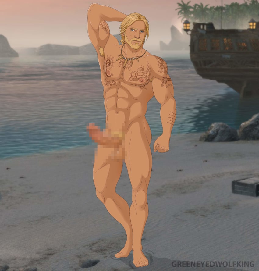 abs armpits assassin's_creed_(series) assassin's_creed_iv:_black_flag beach beard blonde_hair blue_eyes edward_kenway greeneyedwolfking hairy_armpits long_hair male_only muscles muscular muscular_arms muscular_legs muscular_male necklace pirate ship solo_male tattoos