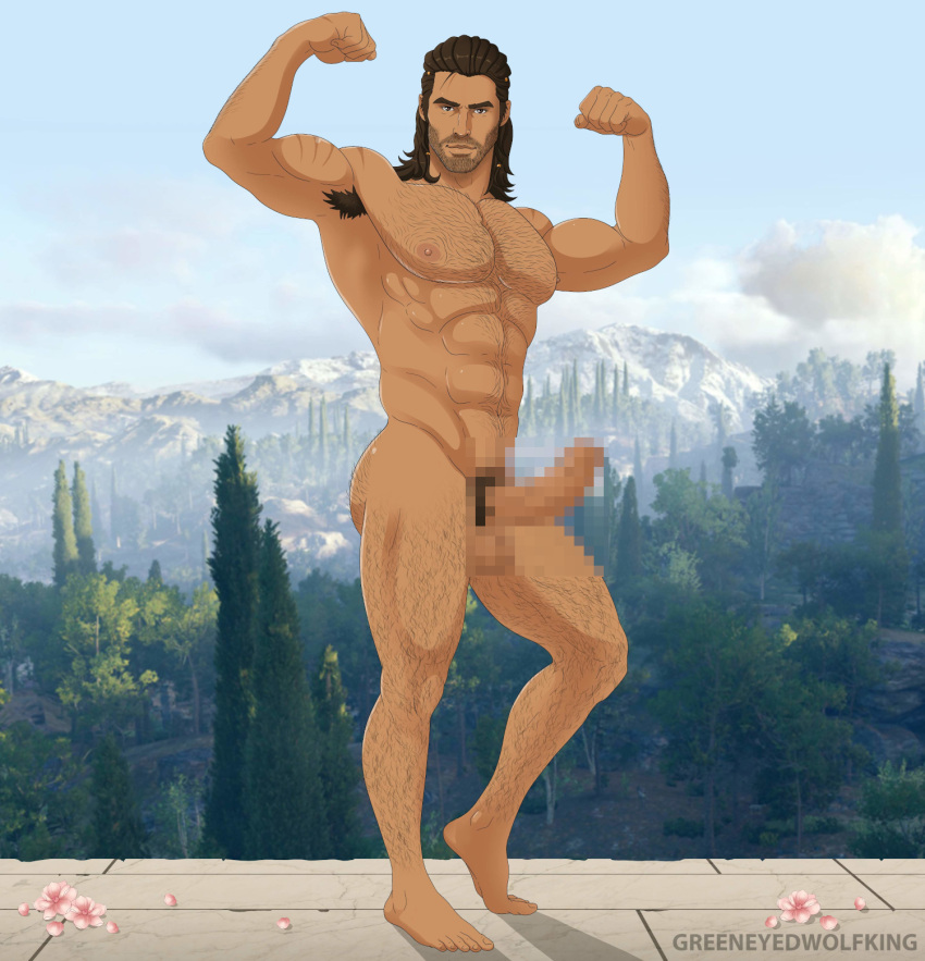 1boy abs alexios assassin's_creed_(series) assassin's_creed_odyssey biceps body_hair brown_eyes brown_hair censored chest_hair flexing flexing_arms flexing_bicep flexing_muscles greece greeneyedwolfking hairy hairy_armpits hairy_arms hairy_ass hairy_chest hairy_legs hairy_male long_hair male male_only muscles muscular muscular_male solo solo_male stubble