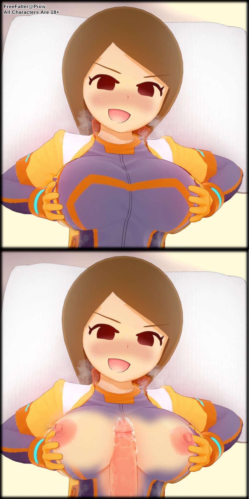 1boy 3d big_breasts black_eyes blush brown_hair female freefaller koikatsu mii mii_gunner mii_gunner_(smash_ultimate) mob_face nintendo nipples no_sclera paizuri penis pov precum simple_eyes simple_face skin_tight smile super_smash_bros. super_smash_bros._ultimate sweat titfuck_under_clothes titjob