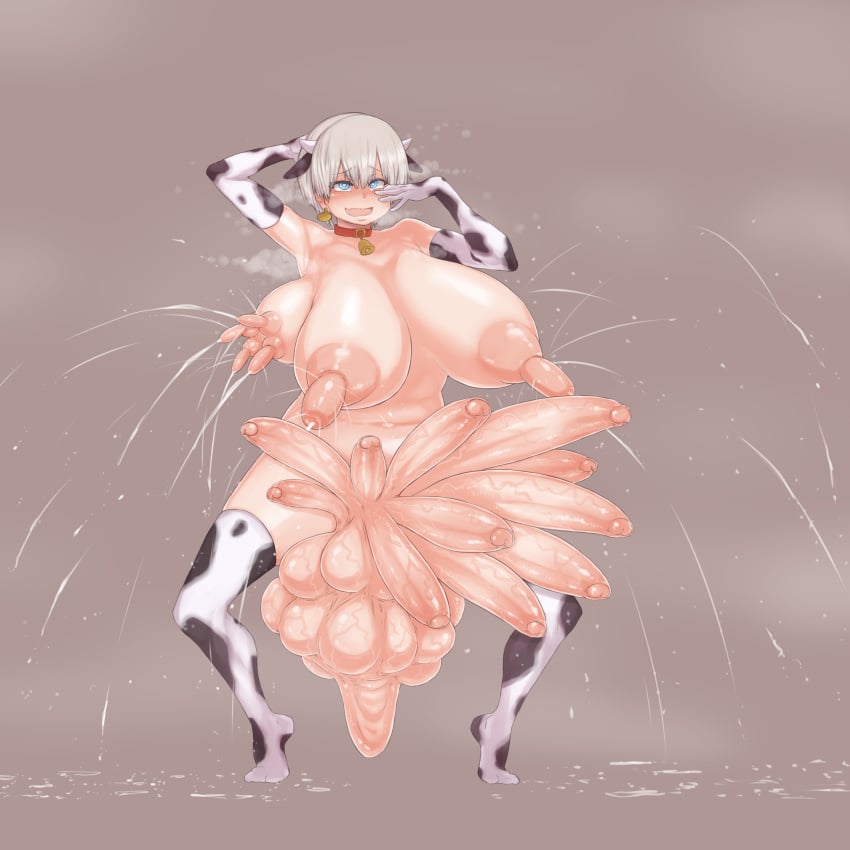 1futa ahe_gao areolae arms_behind_head arms_up balls breasts cow_print elbow_gloves erection facing_viewer foreskin full_body futa_only futanari gloves grey_hair hendecaphallia human light-skinned_futanari light_skin multi_balls multi_breast multi_genitalia multi_nipple multi_penis nipples nude penis rolling_eyes short_hair simple_background solo spread_legs squatting thighhighs uncircumcised uncut unusual_anatomy uzaki-chan_wa_asobitai! uzaki_hana warumono_tomy what