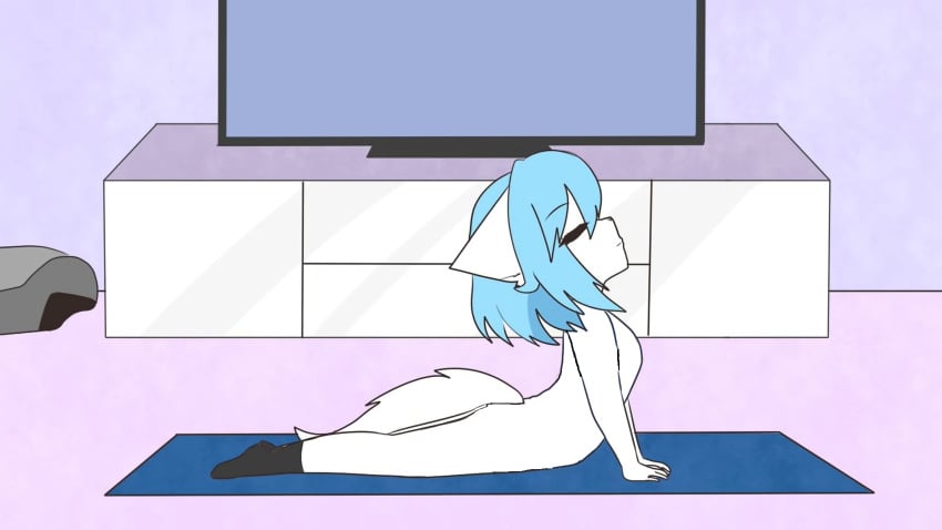 animal_ears blue_hair furry naked_yoga nude_female virtual_youtuber white_fur wolf_ears wolf_girl wolf_tail wolfychu yoga_mat youtube youtuber