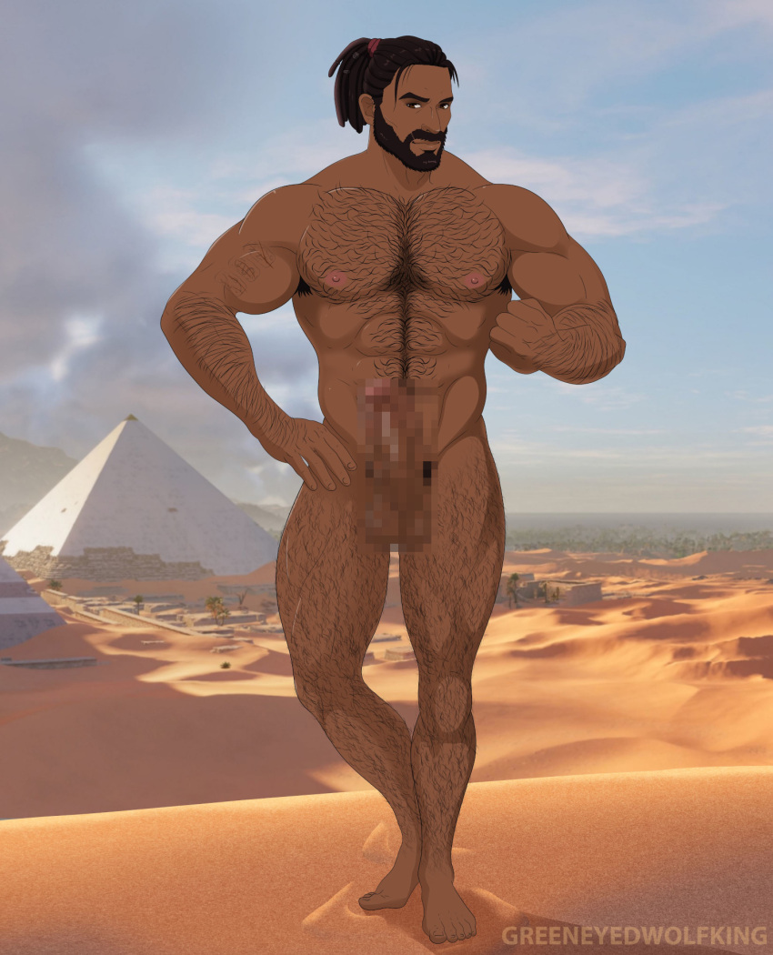 1boy abs artist_name assassin's_creed_(series) assassin's_creed_origins balls ballsack bara bayek_of_siwa beard biceps black_hair body_hair brown_eyes chest_hair desert dreadlocks egypt egyptian erection facial_hair greeneyedwolfking hairy_armpits hairy_arms hairy_chest hairy_legs hairy_male human long_hair_male male male_nipples male_only male_pubic_hair manly mature_male mosaic_censoring muscles muscular_arms muscular_legs muscular_male muscular_thighs mustache nude_male pecs penis ponytail scrotum solo tattoo testicles