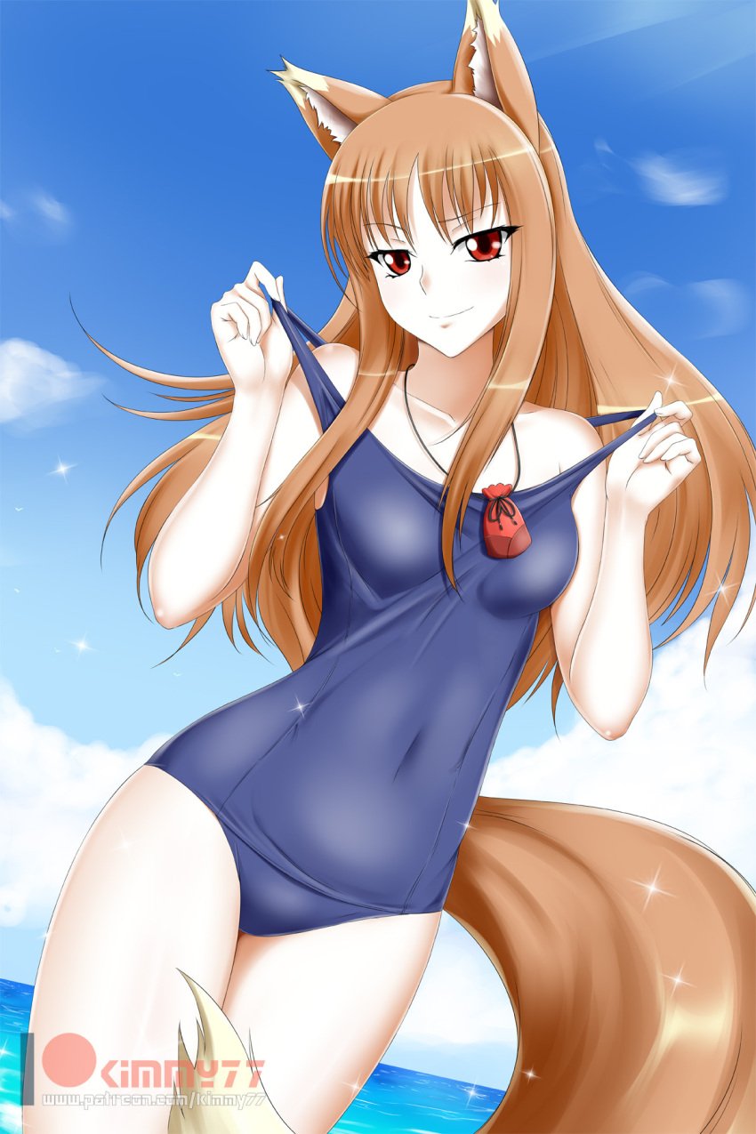 1girls big_breasts breasts holo kimmy77 looking_at_viewer navel nipples pouch red_eyes small_breasts solo spice_and_wolf