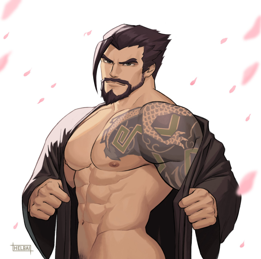 1boy 1male abs bara beard bearded daddy hanzo hanzo_shimada human large_pectorals looking_at_viewer male male_only muscle muscles muscular nipples overwatch pecs pectorals shirtless solo tattoo whyhelbram