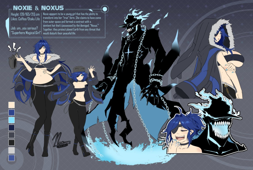 1girls blue_hair character_sheet clothing color_palette english_text eyepatch female female_only hi_res long_hair monster multiple_views nox_(artist) noxcuro noxie_(noxcuro) solo solo_female text_box