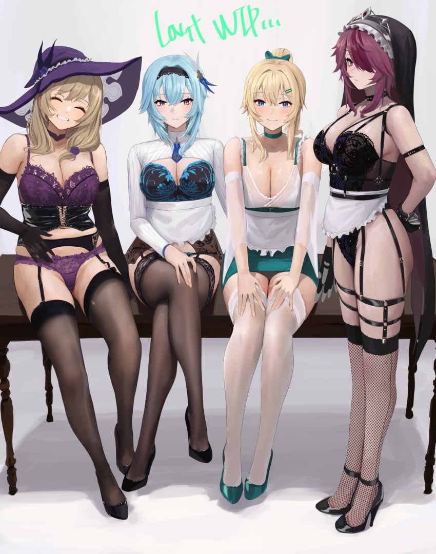 4girls alternate_costume apron arms_behind_back bangs bare_shoulders black_corset black_footwear black_gloves black_hairband black_thighhighs blonde_hair blue_eyes blue_hair blush bow bra breasts brown_hair chela77 choker cleavage cleavage_cutout closed_eyes clothing_cutout collarbone corset crossed_legs detached_sleeves elbow_gloves eula_(genshin_impact) female_only fishnet_thighhighs fishnets frills full_body garter_belt genshin_impact gloves grin habit hair_between_eyes hair_ornament hairband hairbow hand_on_own_crotch hand_on_own_knee hands_on_own_thighs hat high_heels highres jean_gunnhildr large_breasts legwear_garter light-skinned_female light_skin lingerie lisa_(genshin_impact) long_hair looking_at_viewer maid medium_hair multicolored_hair multiple_girls panties panties_over_garter_belt ponytail purple_eyes purple_hair purple_headwear red_hair rosaria_(genshin_impact) short_hair sidelocks simple_background sitting sitting_on_table skindentation smile standing streaked_hair table thighhighs underwear unfinished waist_apron white_background white_thighhighs witch_hat