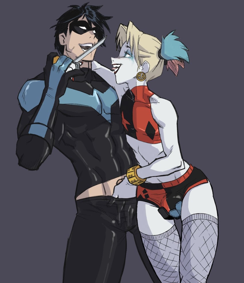 2boys batman_(series) blonde_hair bulge caressing_testicles dc dc_comics dick_grayson earrings femboy feminine_male gay genderswap genderswap_(ftm) harley_quinn henshintiger hoop_earrings knife male male_only nightwing rule_63 short_shorts short_twintails twintails uncensored white_skin yaoi