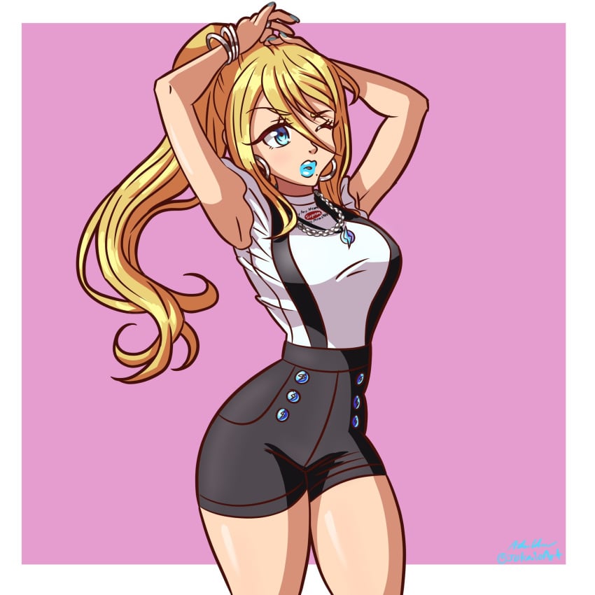 1girls big_breasts big_lips bimbo blonde_hair blue_eyes blue_lipstick blue_nails bracelets breasts earrings female female_only hoop_earrings jokarioart large_breasts metroid necklace nintendo one_eye_closed overalls ponytail samus_aran screw_attack shiny_hair shirt shorts tagme white_shirt