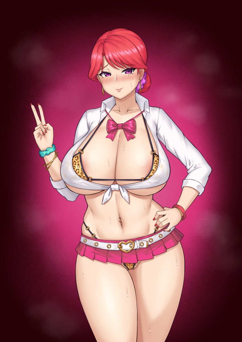 1girls big_breasts blush blushing breasts busty c-77_hongryeon curvaceous curvy curvy_body curvy_female female female_focus gyaru hand_on_hip huge_breasts large_breasts last_origin leopard_print mature mature_female mature_woman nail_polish peace_sign red_hair slutty_outfit thick_thighs thighs voluptuous zb_(xucz8527)