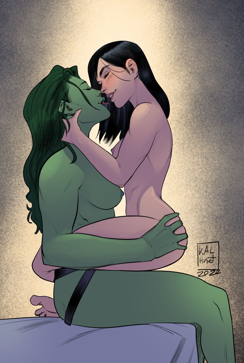 2022 2girls ambiguous_penetration areola areolae artist_name big_breasts bigger_female black_hair breasts female female_on_top female_only green-skinned_female green_hair green_skin hulk_(series) humanoid imminent_kiss implied_penetration kalhuset karahuset larger_female laura_kinney lesbian lesbian_sex long_hair looking_pleasured marvel marvel_comics multiple_girls nipples nude on_lap sex she-hulk size_difference smaller_female strap-on tongue tongue_out vaginal_penetration x-23 x-men yuri