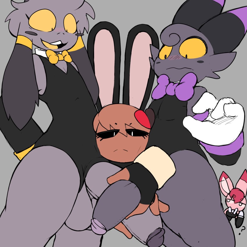 balls blush blush_lines bovid bow_tie caprine clothing fan_character genitals goat group handjob hi_res lagomorph leporid male mammal neko3240 penile penis poking_penis questioning rabbit rott_(aintsmart) sex squeezing suit