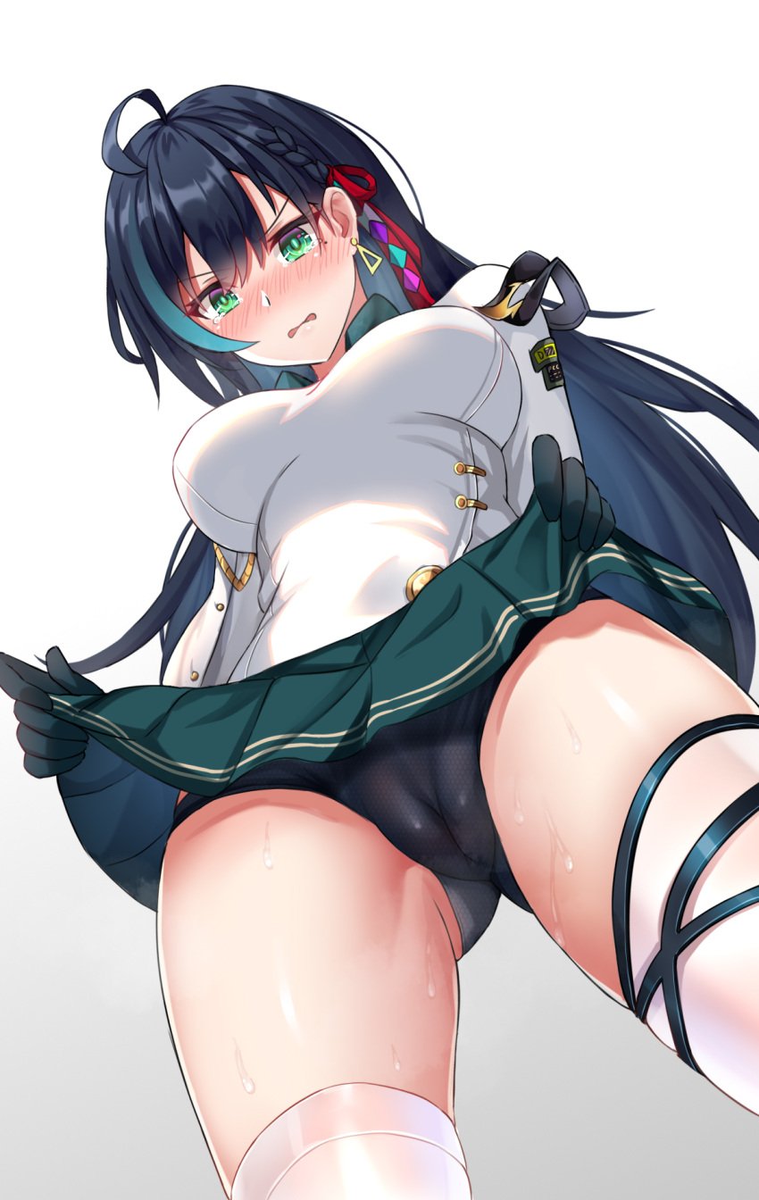 1girls ahoge angry bangs black_gloves black_hair black_panties blush braid cameltoe clothed clothes_lift from_above gloves green_eyes green_skirt headwear large_breasts lifted_by_self lin_ye_(tower_of_fantasy) long_hair panties pleated_skirt qi_ye_shao_yan red_headwear simple_background skirt skirt_lift solo suit sweat thighhighs tower_of_fantasy white_clothing white_legwear