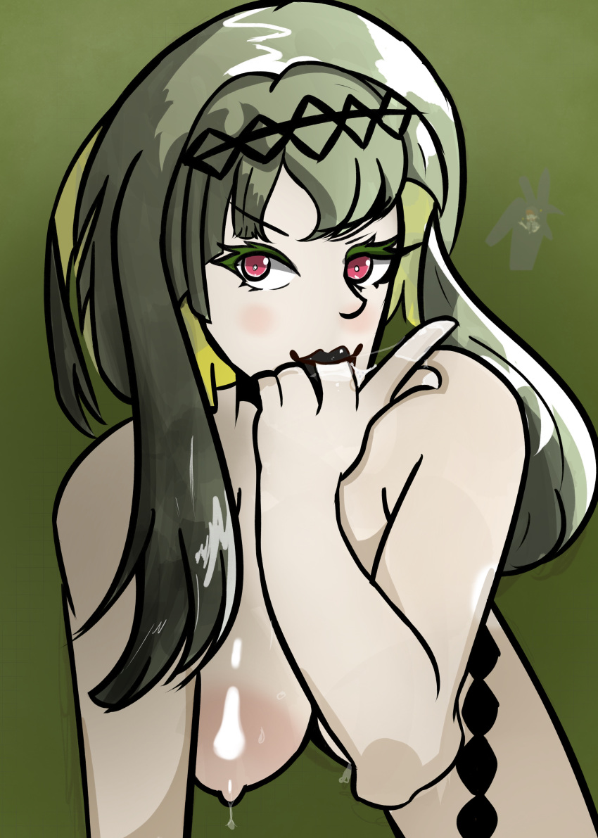 breasts finger_in_mouth finger_sucking finger_to_mouth green_hair gynoid humanoid machine megami_tensei mouth pale_skin ringo_(soul_hackers) robot saliva_string saliva_trail soul_hackers soul_hackers_2 spit spit_on_boobs spitting sucking_fingers