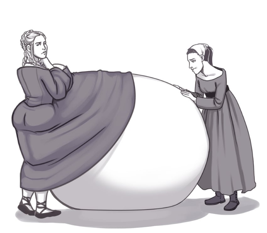 2girls a_song_of_ice_and_fire belly belly_rub big_belly big_breasts breasts cersei_lannister female female_only game_of_thrones huge_belly hyper_pregnancy large_breasts monochrome multiple_girls olympic-dames pregnant