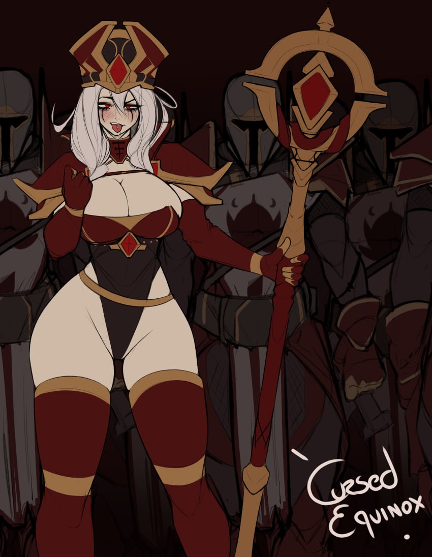 1girls 4boys armor big_breasts boob_window child_bearing_hips cleavage cursedequinox curvy_female curvy_figure female highleg_leotard human human_(warcraft) human_(world_of_warcraft) human_female knight leotard makeup multiple_boys no_sex priestess red_eyes red_gloves sally_whitemane scarlet_crusade scarlet_monastery soldier staff tongue_out tongue_piercing white_hair world_of_warcraft