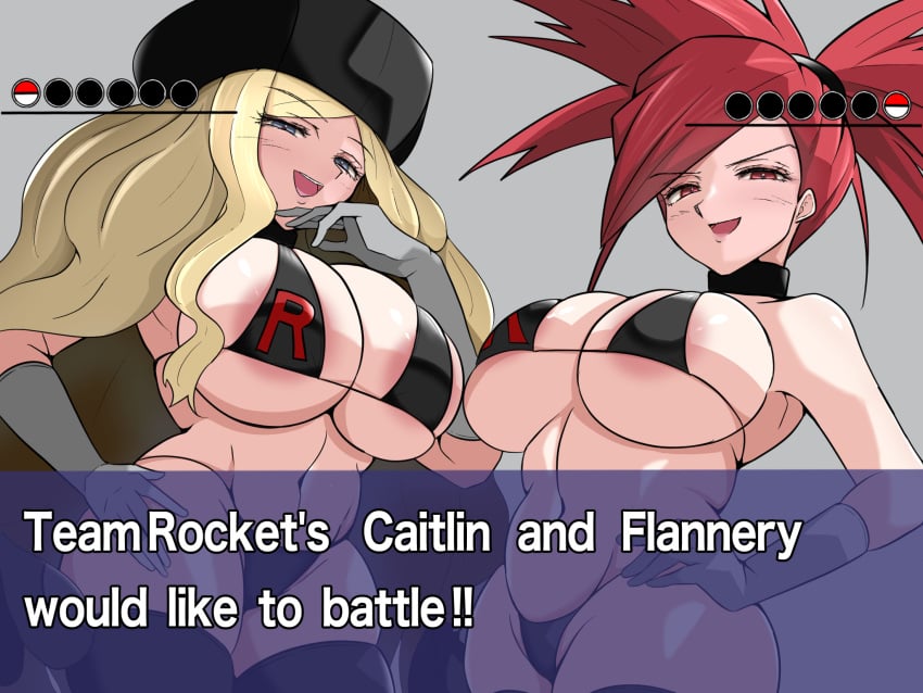 2girls alternate_breast_size alternate_costume alternate_version_available ass bangs bikini blonde_hair blue_eyes brainwashed breasts caitlin_(pokemon) collar colored corrupted enemy_conversion evil_smile female female_only flannery_(pokemon) game_freak game_ui gloves hand_on_hip hat heart kia-shi large_ass large_breasts laughing laughing_at_viewer leggings long_hair looking_at_viewer navel nintendo pokemon pokemon_bw pokemon_rse ponytail red_eyes red_hair smiling smiling_at_viewer swept_bangs tagme team_rocket text text_box thick_thighs thighs very_long_hair