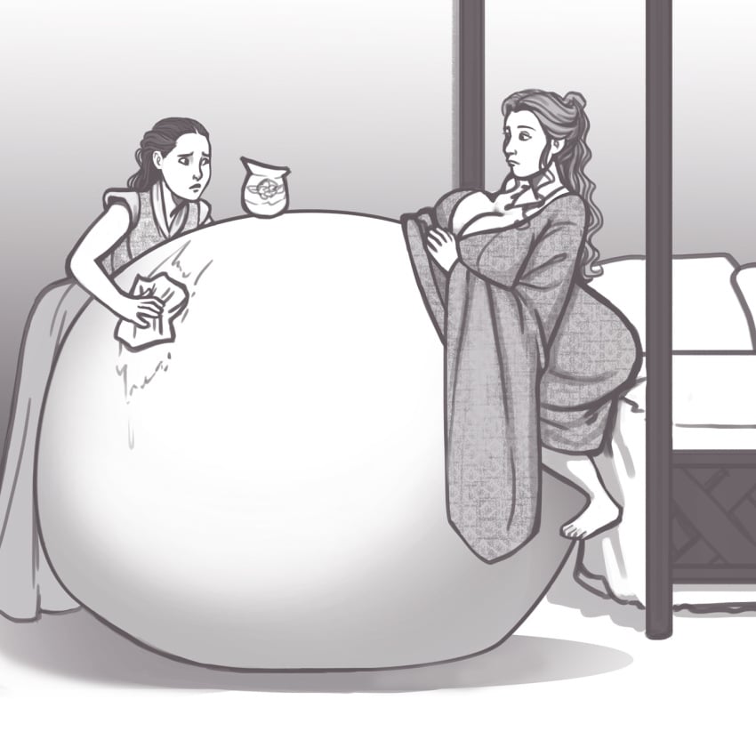 2girls a_song_of_ice_and_fire belly belly_rub big_belly big_breasts breasts female female_only game_of_thrones huge_belly hyper_pregnancy margaery_tyrell monochrome multiple_girls olympic-dames pregnant