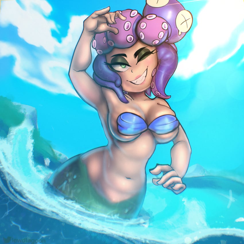 big_breasts cala_maria cuphead cuphead_(game) eyeshadow female green_eyes lewdlagoon lidded_eyes lipstick looking_at_viewer merfolk mermaid ocean partially_submerged partially_underwater_shot pudge pudgy_belly self_upload sharp_teeth skindentation smile smirking smirking_at_viewer twitter twitter_logo twitter_username underboob underwater watermark waves wet_body wet_skin