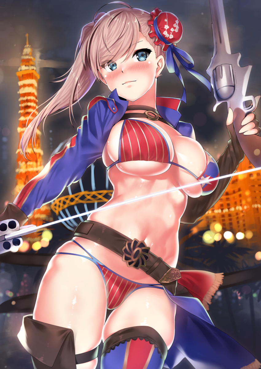 american_flag_bikini asymmetrical_hair bangs belt bikini blue_eyes blue_ribbon blue_socks blush breasts brown_gloves bun_cover cityscape cleavage cowboy_shot elbow_gloves fate/grand_order fate_(series) female fingerless_gloves flag_print gloves gunblade hair_bun hair_ribbon highres kawai_(purplrpouni) large_breasts long_hair looking_at_viewer miyamoto_musashi_(fate) miyamoto_musashi_(fate/grand_order) miyamoto_musashi_(swimsuit_berserker) miyamoto_musashi_(swimsuit_berserker)_(fate) navel pink_hair red_socks ribbon shrug_(clothing) single_hair_bun smile socks solo striped_socks swept_bangs swimsuit thigh_socks thigh_strap thighhighs thighs weapon