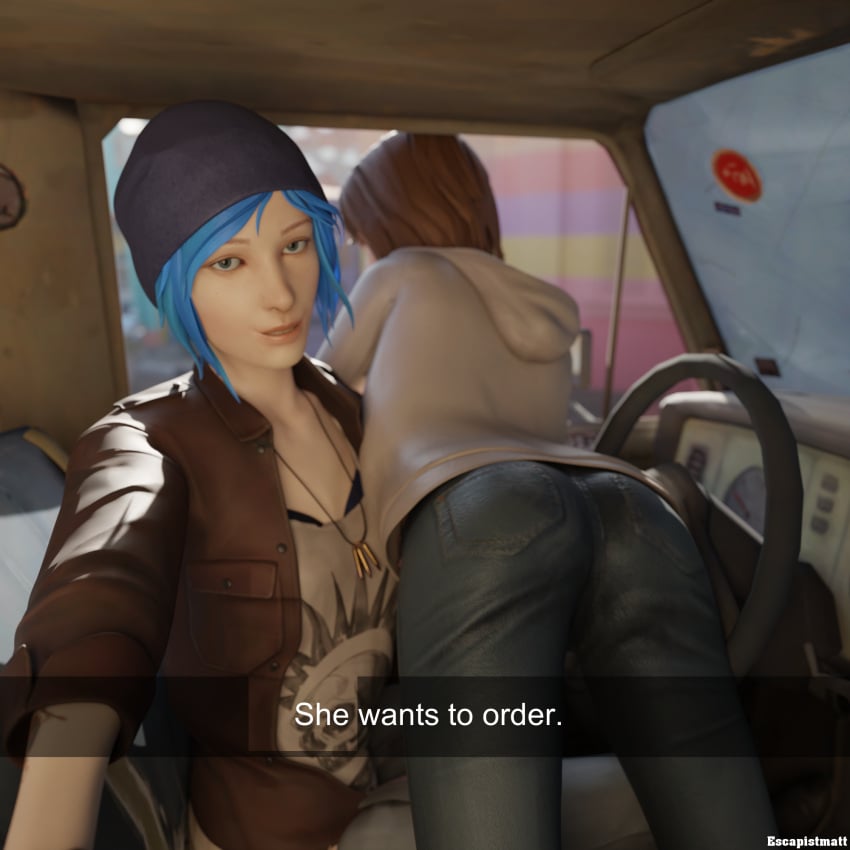 2girls 3d ass beanie blue_hair brown_hair caption car car_interior chloe_price clothed clothing escapistmatt female female_only he_wants_to_order headwear hood_down hoodie human jeans leaning_forward legs life_is_strange lying max_caulfield meme multiple_girls necklace pale_skin pants pickup_truck selfie she_wants_to_order teenager truck vehicle yuri