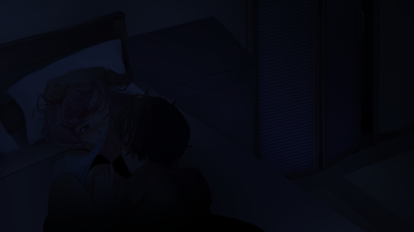 1boy 1girls anon black_bra bra bra_up brown_hair cg cg_art closed closet dark_image doki_doki_literature_club duo exit_music_(mod) female laying_down laying_on_back laying_on_bed leg_up mod mod_art natsuki_(doki_doki_literature_club) one_breast_out one_eye_closed pillow pink_eyes pink_hair shirt shirt_up white_shirt