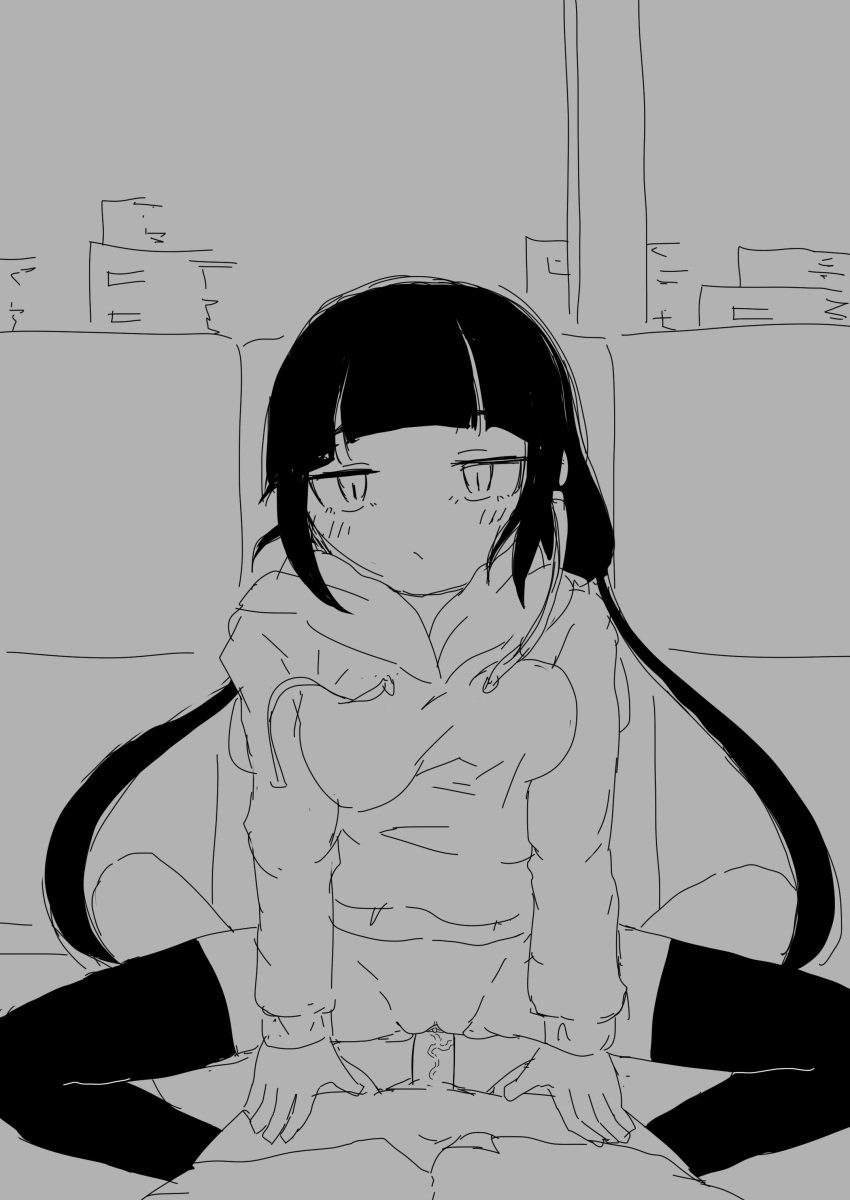 1boy 1girls bangs big_breasts black_hair bouncing_breasts breasts_bounce cowgirl_position hoodie inabakumori long_hair monochrome mv_character osage-chan penetration pov public_sex riding straight thighhighs train train_interior twintails vaginal_penetration vaginal_sex yunshih