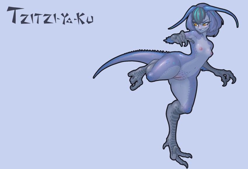 2018 animal_humanoid bird_wyvern blue_body blue_hair blue_scales breasts capcom claws digitigrade eyelashes female genitals hair hi_res humanoid monster_hunter monster_hunter_world muhut nude orange_eyes pupils pussy scales scalie scalie_humanoid slit_pupils small_breasts solo tzitzi-ya-ku video_games