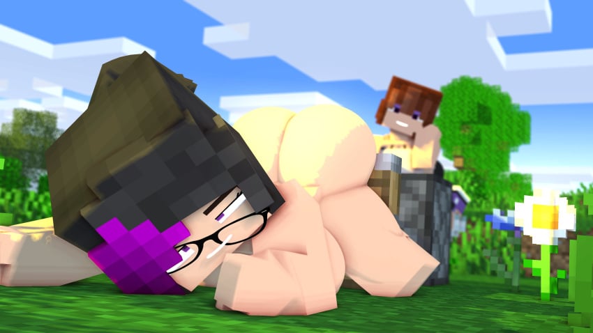 2girls 3d big_ass breasts brown_hair crystal_(extrafruitygirl) extrafruitygirl glasses horny horny_female mine-imator minecraft multicolored_hair nude_female olivia_(olivialewdz) outside overworld piston_(minecraft) purple_eyes sex_toy smile tagme