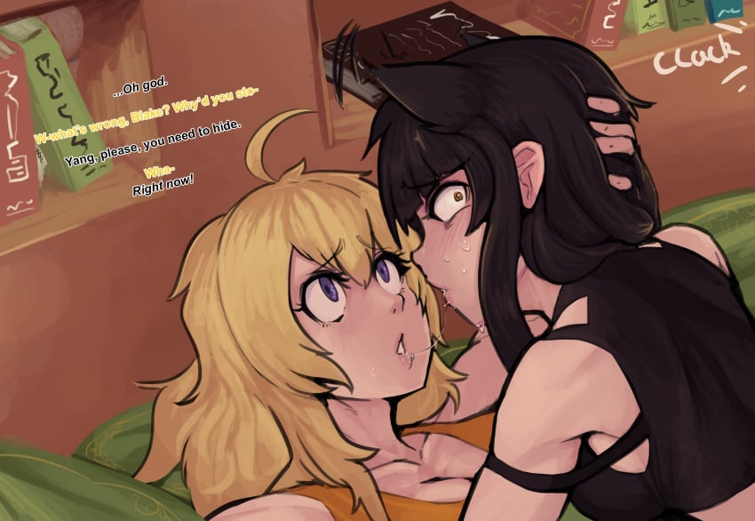 animal_ears black_hair blake_belladonna blonde_hair boxman cat_ears catgirl cleavage dialogue english english_text eyelashes faunus female hand_on_another's_head hand_on_head human imminent_cheating implied_kiss kissing light-skinned_female light_skin looking_at_another looking_at_partner looking_back pale-skinned_female pale_skin purple_eyes rwby saliva_string saliva_trail text unhappy unhappy_female upset wide_eyed worried worried_expression yang_xiao_long yuri