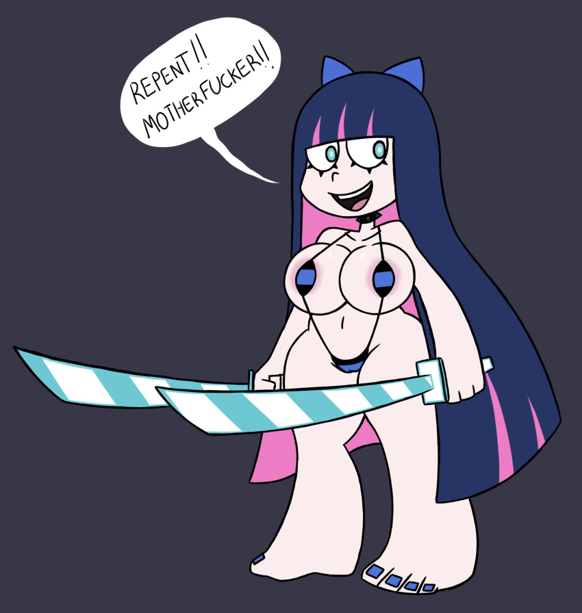 2020s 2022 4_toes areola_slip ass ass_covered ass_covered_by_hair belly belly_button big_breasts blue_eyes bow_in_hair breasts color dark_blue_hair dialogue english english_text feet female female_only ghostlydoodles gray_background looking_at_viewer mouth multicolored_hair navel nearly_nude nipples one-piece_swimsuit open_mouth painted_nails pale_skin panty_&_stocking_with_garterbelt profanity pussy_line simple_background simple_nose smile speech_bubble spookyryder standing stocking_anarchy string_bikini swimwear sword talking teeth thick_eyelashes tongue tummy weapon weapons white_body white_sclera white_skin