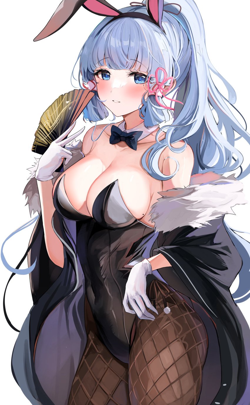 absurdres animal_ears bangs bare_shoulders big_breasts black_coat black_leotard blue_bow blue_bowtie blue_eyes blue_hair blunt_bangs blush bow bowtie breasts brown_pantyhose cleavage coat collarbone covered_navel curvy detached_collar fake_animal_ears female fishnet_pantyhose fishnets folding_fan fur_trim genshin_impact gloves hand_fan highleg highleg_leotard highres holding holding_fan hourglass_figure huge_breasts kamisato_ayaka large_breasts large_penis leotard light_blue_hair long_hair looking_at_viewer mole mole_on_breast mole_under_eye off_shoulder open_clothes open_coat pantyhose parted_lips playboy_bunny ponytail rabbit_ears sak_(lemondisk) sidelocks simple_background smile solo thighs voluptuous white_background white_gloves wrist_cuffs