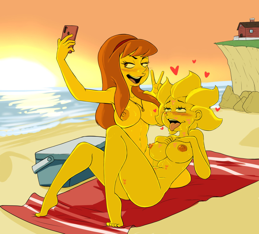 2girls aged_up ahe_gao allison_taylor beach big_breasts blonde_hair blush breasts brown_hair cellphone completely_nude completely_nude_female eyes_rolling_back female female_focus female_only kiss_mark large_breasts lisa_simpson long_hair multiple_girls necklace nipples nude selfie slashysmiley sunset the_simpsons yellow_body young younger_female yuri