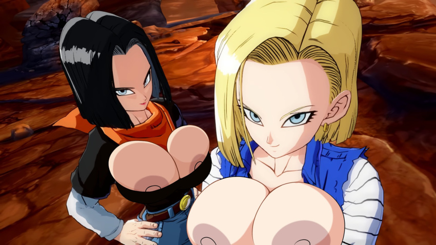 accurate_art_style android_17 android_18 breast_expansion breast_squeeze breasts breasts_out dragon_ball dragon_ball_fighterz dragon_ball_z edit female female_only feminization gender_transformation genderswap_(mtf) roymanx rule_63 screencap screenshot screenshot_edit transformation