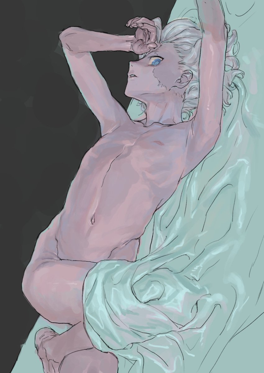 armpits arms_up belaf bishonen blue_eyes burn_scar completely_nude curly_hair facial_scar looking_at_viewer made_in_abyss male male_only nude on_back on_bed on_side sabuko_(pooooo) silver_hair skinny solo twink white_hair