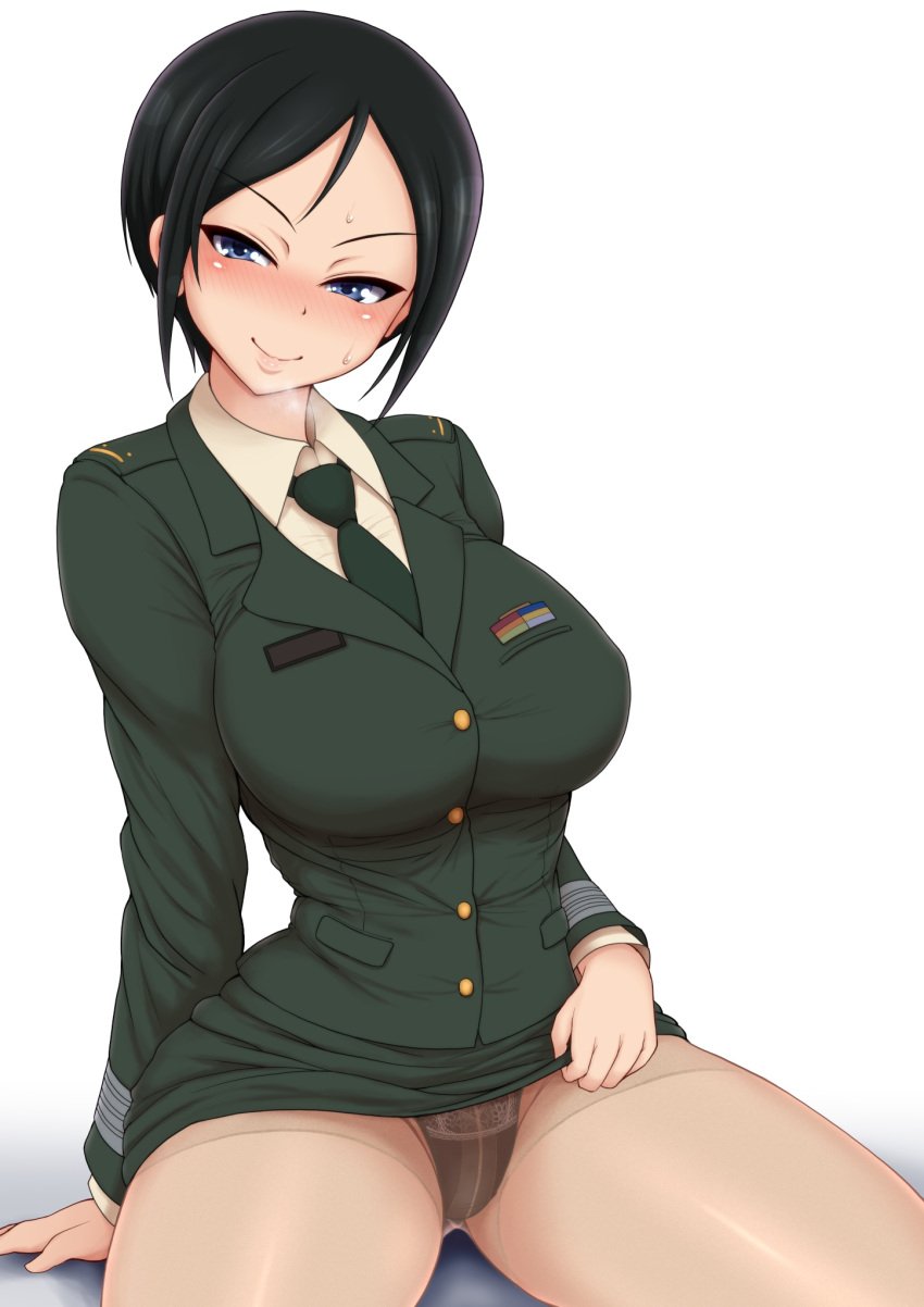 1girls arm_support big_breasts black_hair blue_eyes blush breasts busty chouno_ami clothes_lift female female_only girls_und_panzer highres large_breasts legs lifted_by_self looking_at_viewer mature mature_female mature_woman military military_uniform naughty_face necktie panties panties_under_pantyhose pantyhose ponpo ponponmaru presenting_panties short_hair sitting skirt skirt_lift smile solo sweat thick_thighs thighs underwear very_short_hair