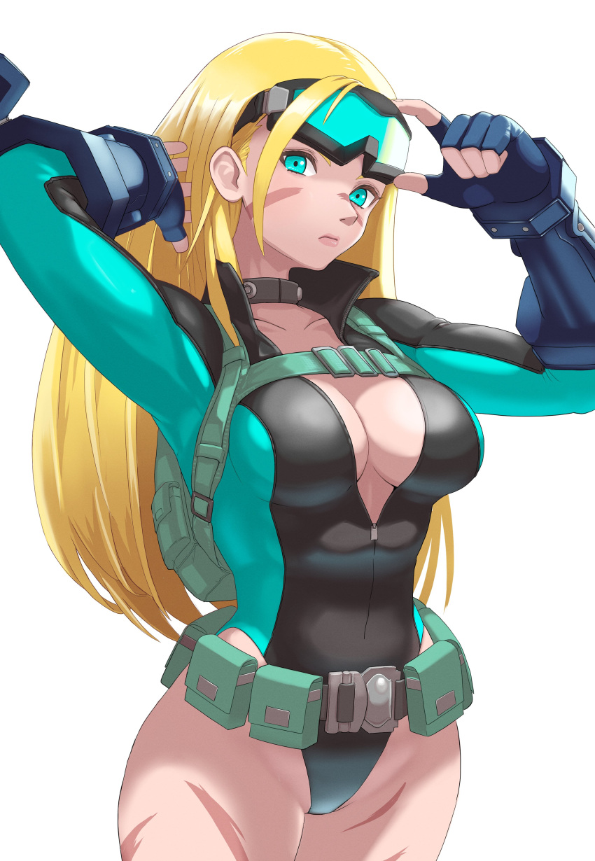 1girls alternate_costume aqua_eyes bare_legs big_breasts blonde_hair breasts busty cammy_white capcom cleavage curvy female female_only fingerless_gloves fully_clothed gloves goggles goggles_on_head highleg highleg_leotard highres large_breasts leotard lips lipstick long_hair long_sleeve_leotard looking_at_viewer makeup official_alternate_costume solo street_fighter street_fighter_v thick_thighs thighs thong_leotard unzipped wide_hips