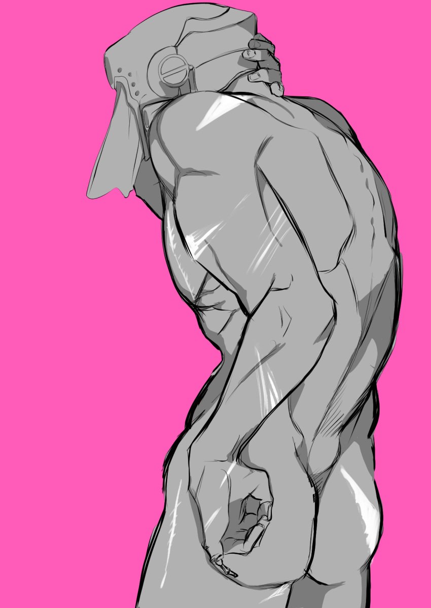 ass back_muscles completely_nude gallice hand_on_head helmet made_in_abyss mask masked masked_male muscular muscular_male nude pink_background rear_view restricted_palette scars umbra_hands