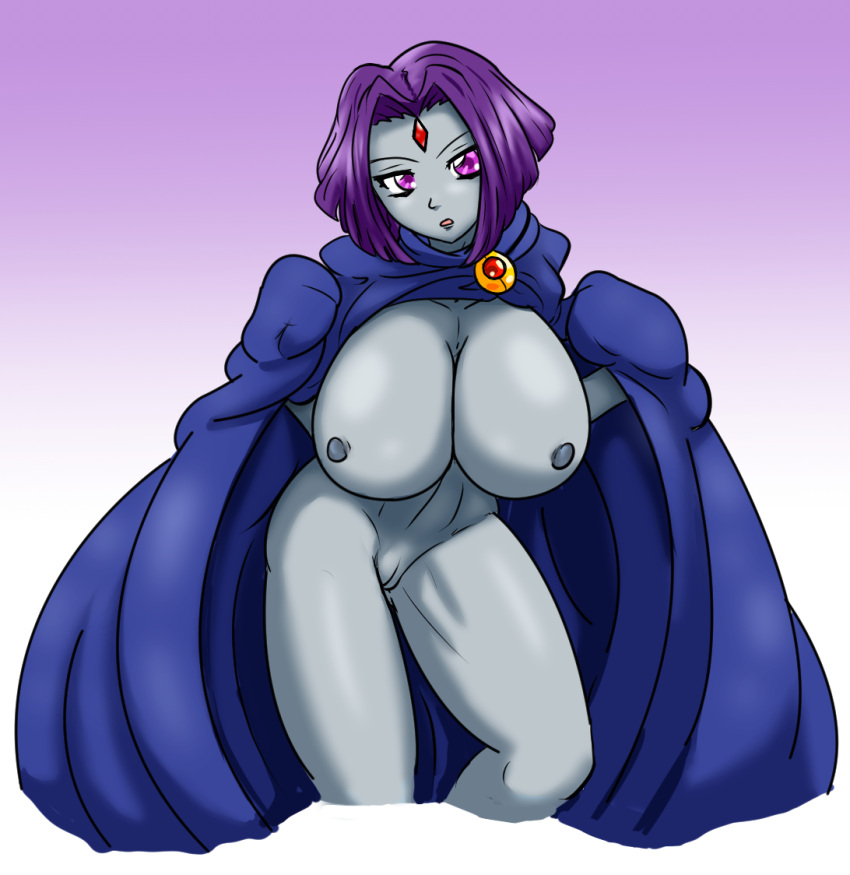 breasts casual clothing dc female flashing grey_nipples grey_skin human jim_sugomi large_breasts naked_under_cloak nipples outerwear pale_skin purple_hair pussy rachel_roth raven_(dc) superheroine teen_titans