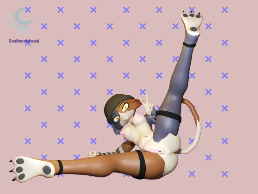 anthro epic_games felid feline female fortnite genitals gentlecat gesture hi_res mammal meow_skulls_(fortnite) pose pussy solo stretched v_sign video_games