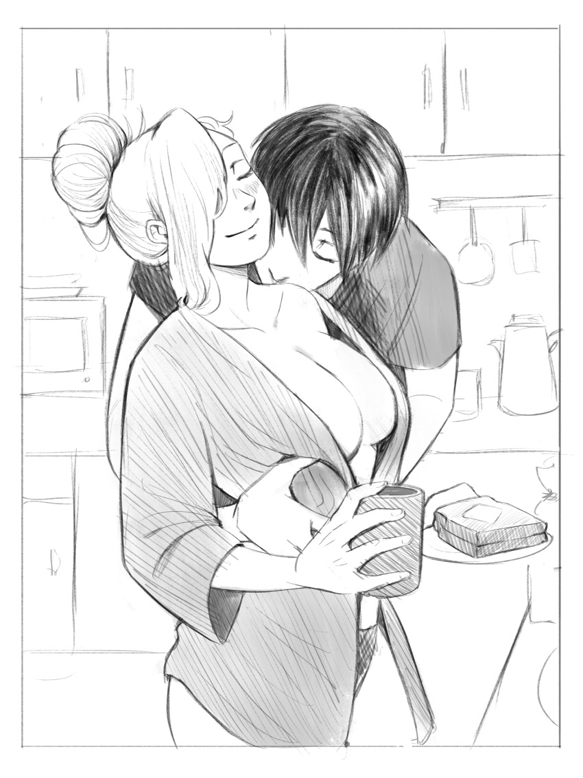 1boy1girl absurdres bathrobe blush boruto:_naruto_next_generations breasts canon_couple cleavage couple hair_bun hair_over_one_eye hand_on_another's_side highres husband_and_wife indoors ino_yamanaka kissing kissing_shoulder large_breasts male/female monday_mint monochrome morning naruto naruto:_the_last naruto_(series) nightie open_clothes sai smile underwear wholesome