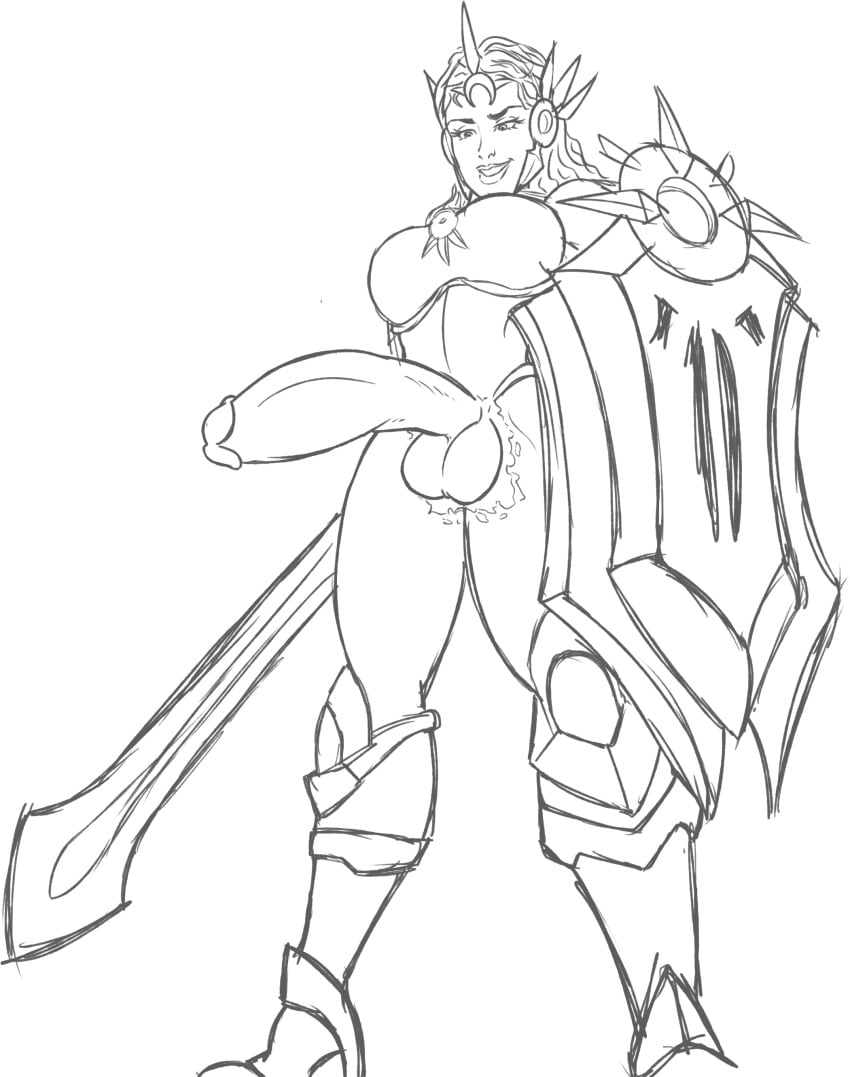 1futa armor balls big_breasts big_penis breasts clothed clothing crotchless crown erection futa_only futanari league_of_legends leona_(league_of_legends) line_art lost_clothes monochrome mostly_clothed no_color penis penis_out ripped_clothing ripped_pants semi-erect shield smile smiling smirk solo standing sword torn_clothes valmut