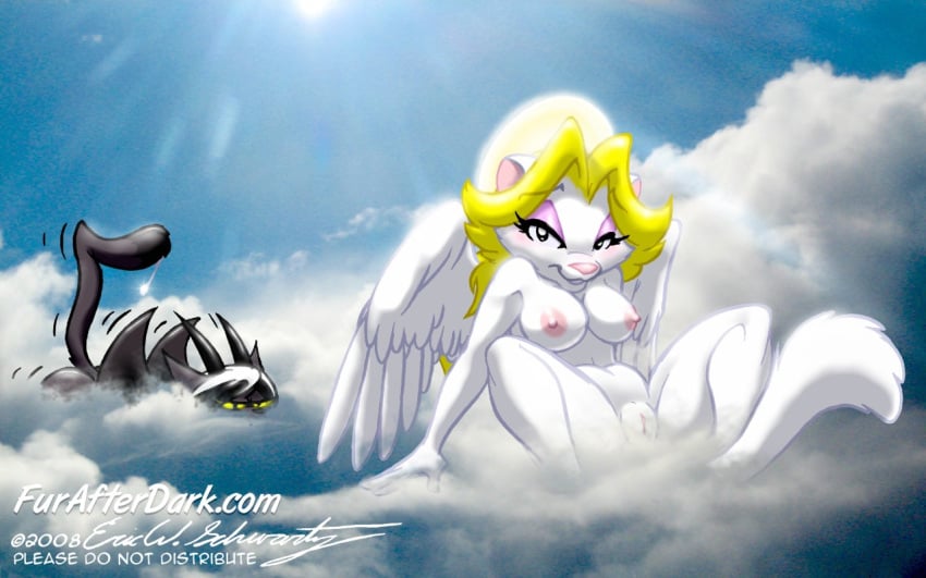 1girls angel anthro breasts cloud clouds dawn_(furafterdark) demon do_not_distribute eric_schwartz feline female female_only furafterdark furry furry_only heaven hunting looking_at_viewer makeup nipples no_humans nude pussy smile solo spread_legs spreading wallpaper wings