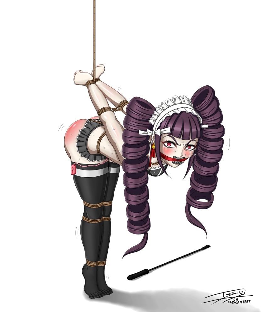 ass bending_over blush bondage bound_arms bound_legs bound_wrists bra celestia_ludenberg crying danganronpa danganronpa:_trigger_happy_havoc danganronpa_1 female female_only gag gagged panties red_ass revealing_clothes riding_crop rope_bondage smooth_skin stockings strappado thighhighs tsinji underwear underwear_only vibrator