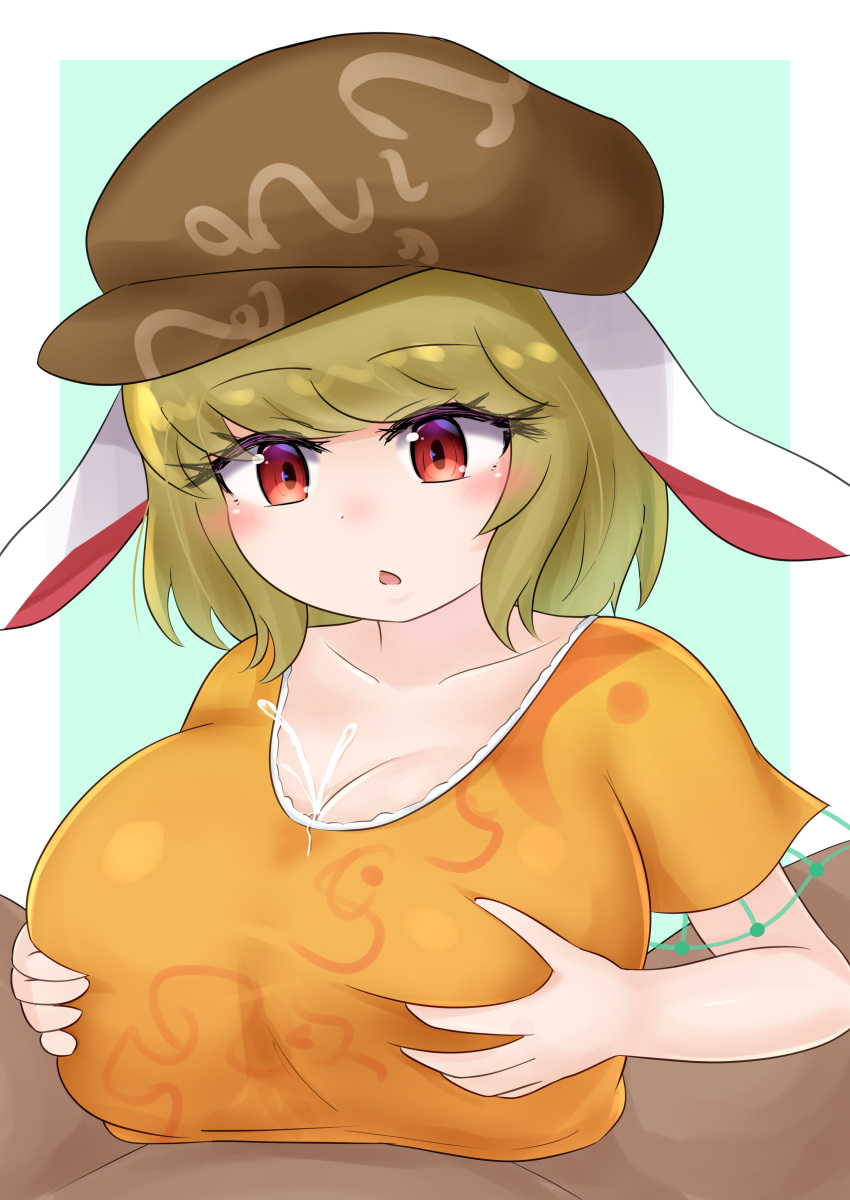 1boy absurdres animal_ears beret blonde_hair breast_grab breasts cum cum_in_clothes cum_on_body cum_on_breasts ejaculation female grabbing green_background green_hair hat highres huge_breasts open_mouth paizuri paizuri_under_clothes rabbit_ears red_eyes ringo_(touhou) riru_neko surprised touhou