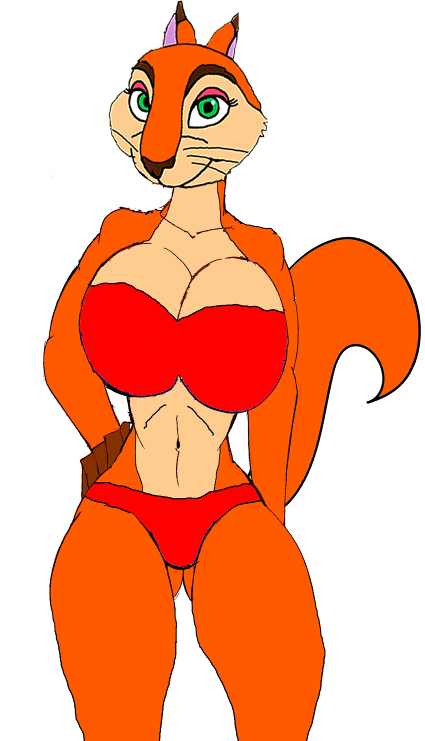 akatsukishiranui-fox alluring andie_(the_nut_job) anthro big_breasts bikini breasts cleavage edit female fur green_eyes hair hi_res mammal nipples nude pin_up pussy red_fur red_squirrel simple_background solo squirrel sultry the_nut_job traced white_background