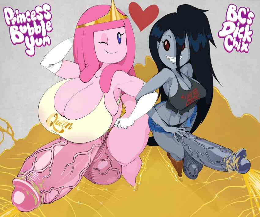 adventure_time arms_linked bcdickchix bcfuta brendancorris canon_couple futanari futanari_vampire heart huge_breasts huge_cock hyper hyper_balls hyper_penis linking_arms marceline peeing princess_bubblegum smegma