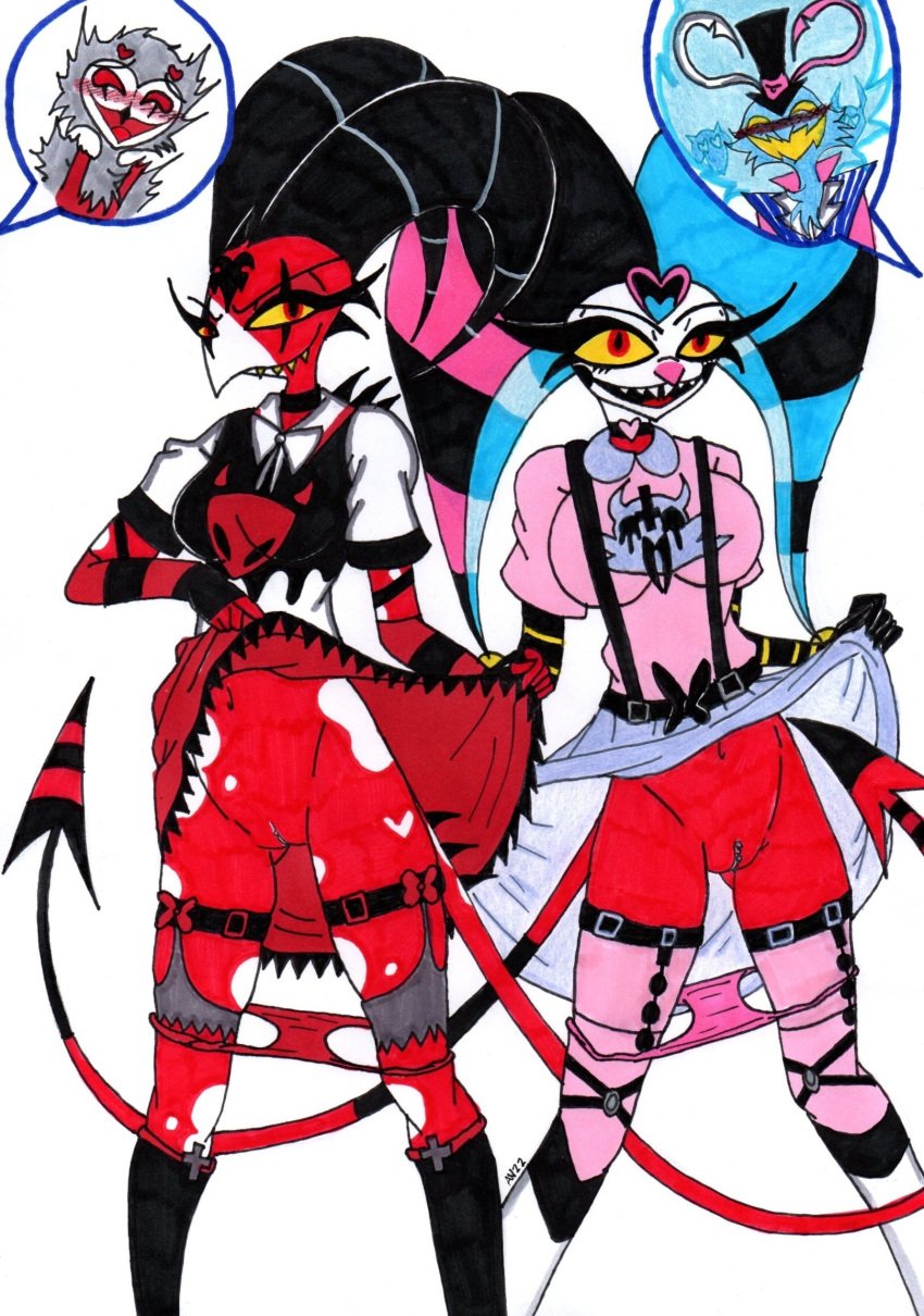 2girls anthro anthro_on_anthro anus asmodeus_(helluva_boss) ass assisted_exposure avian big_breasts big_butt bird black_body black_feathers blitzo_(helluva_boss) blue_body blue_fur blush bottomwear breasts claws clothed clothing clothing_lift demon duo eyewear fangs feathers female female_blitzo female_fizzarolli female_focus fizzarolli_(helluva_boss) fur genitals glasses grey_body grey_feathers group hair helluva_boss hi_res horn imp male male/female mature_male multi_eye multicolored_body open_mouth open_smile owl owl_demon partially_clothed penetration pussy red_body red_eyes rule_63 simple_background skeleslay skirt skirt_lift smile stolas_(helluva_boss) teeth thick_thighs tongue traditional_media_(artwork) two_tone_body vaginal_penetration white_background white_body white_hair yellow_eyes