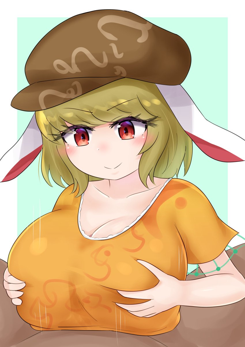 1boy absurdres animal_ears beret blonde_hair breast_grab breasts female grabbing green_background hat highres huge_breasts paizuri paizuri_under_clothes rabbit_ears red_eyes ringo_(touhou) riru_neko shirt short_hair short_sleeves smile touhou white_background yellow_shirt